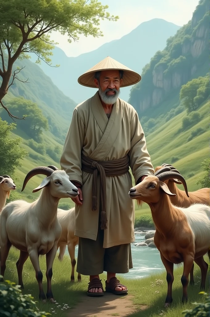 Asian man and goats