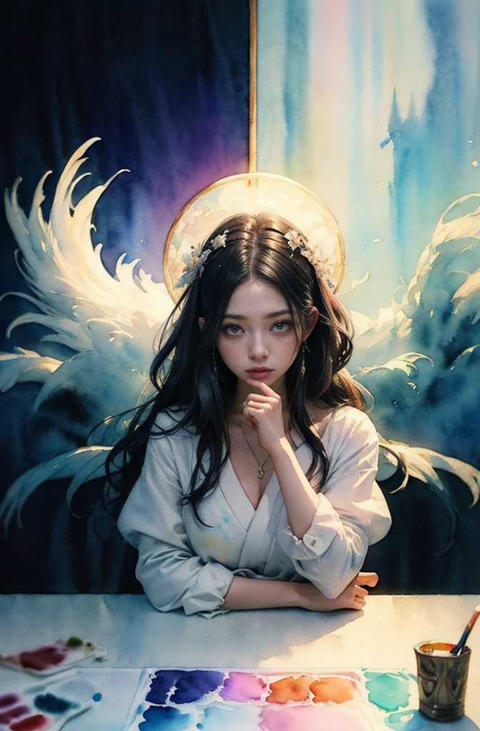 (Tabletop, Highest qualityの, Highest quality, Official Art, (beautifully、aesthetic:1.4), (Watercolor:1.4) ), (Izanami 1.5), 日本のgod話の女god, Majestic beauty, 創造の女god、生命の女god、Typically、((((Typically))))、Reincarnation Support, god'Grace, Gentle and meditative expressions, Flowing, celestial garments, Shine、Created all the landscapes and worlds on Earth, A dazzling dance of light, Whispers of Ancient Legends,Hands below chest level,The hair is a little shorter,Short hairstyle、Gold and blue hair ornament on head、