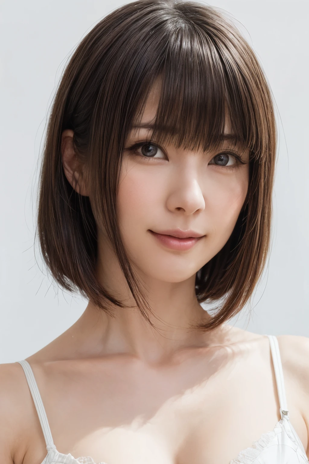 ((masterpiece, Highest quality, High resolution、Realisticですべてが美しく詳細に描かれている)), 1 person, (Realistic: 1.4), alone, White Background, snow-White Background, Mouth closed, smile, smile, Beautiful black hair, short hair, Big eyes, Transparent double eyelids, eyelash, Listen carefully, Long neck, 美しくLong neck, Put out your ears、Absolute area, ((Face close-up)), (Draw the whole head, shoulder), 1, Attractive proportions, Glowing Skin, Beautiful clavicle, Golden ratio face, Perfect Face, Teardrop-shaped mole, chestのほくろ, bangs, clean bangs, beautiful bangs, Lip gloss, Thin lips, Fair skin, naked, Big Breasts, {Huge|big|Hugeな|Mega} chest:2, chestの谷間:2,chestの谷間を見せる、Small face, Small face, All the heads are painted, shoulder all drawn, Point slightly above the camera