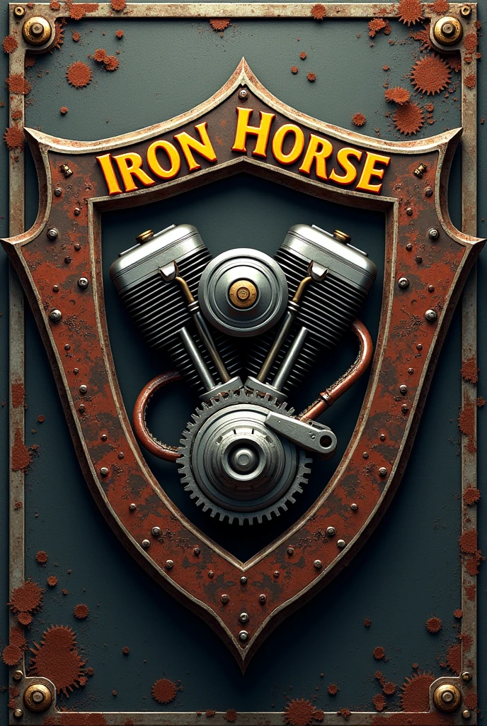 Motorcycle crest with engine written IRON HORSE full of details