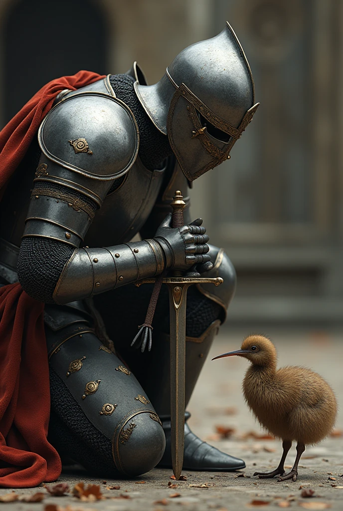 Medieval warrior with helmet covering his entire face (minute details in the armor), on your knees and slightly crouched, leaning on his sword,  Seeing a kiwi and touching its head with the tip of his fingers of one of his hands, that the warrior is in 3/4