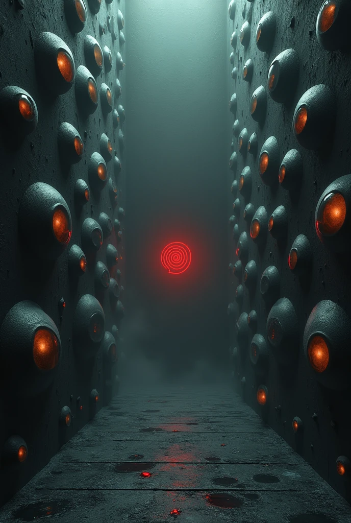 a dark place, of black floor with light grayish fog where walls and everything else contains several eyes with orange irises and a red spiral