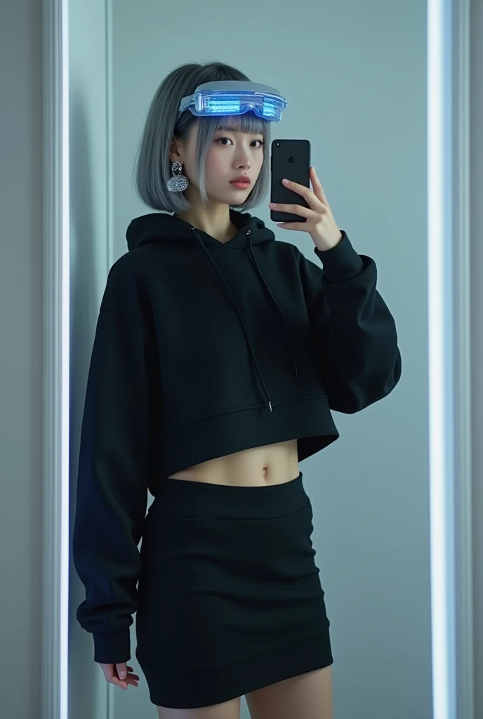 highly detailed, beautiful, hyper Realistic girl, masterpiece, best quality, Depict a mysterious and sophisticated beautiful Japanese gravure model,, 28-years-old, identity hidden, all body shot, / gray arranged hair, small head, Detailed face, cute and Pretty slim face, wide Duck mouth, perfect beautiful Tooth, arranged gray hair, shiny eyes, blue-colored eyes, Realistic skin, Detailed face, / Top: A black cropped hoodie made from soft, high-quality sweat material, now with a completely solid, unadorned finish. The hoodie retains its relaxed fit, high collar, and zippered front for a minimalist, modern aesthetic.
Bottom: A knee-length, fitted skirt in matching black sweat material, with a clean, unembellished look. The skirt’s simple design emphasizes comfort and a streamlined silhouette, perfect for a chic yet understated appearance.
Footwear: Sleek black ankle boots, combining sweat material with subtle synthetic overlays. The neon blue soles add a touch of futurism, maintaining the cyberpunk vibe while keeping the overall look minimal.
Accessories: A plain, functional sweat material belt without additional detailing, and holographic earrings paired with a visor-style headpiece featuring a transparent, glowing display, all contributing to a subtle yet futuristic appearance without the need for gloves or embellishments. //// simple white single room, gray frame mirror, complicated background /// takes a selfie in her room using a smartphone in front of a mirror with one hand, standing and sexy Posing, all body below shot, looking away from the camera,