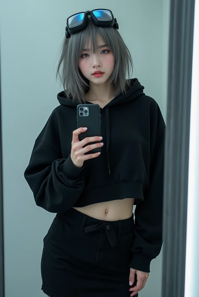 highly detailed, beautiful, hyper Realistic girl, masterpiece, best quality, Depict a mysterious and sophisticated beautiful Japanese gravure model,, 28-years-old, identity hidden, all body shot, / gray arranged hair, small head, Detailed face, cute and Pretty slim face, wide Duck mouth, perfect beautiful Tooth, arranged gray hair, shiny eyes, blue-colored eyes, Realistic skin, Detailed face, / Top: A black cropped hoodie made from soft, high-quality sweat material, now with a completely solid, unadorned finish. The hoodie retains its relaxed fit, high collar, and zippered front for a minimalist, modern aesthetic.

Bottom: A knee-length, fitted skirt in matching black sweat material, with a clean, unembellished look. The skirt’s simple design emphasizes comfort and a streamlined silhouette, perfect for a chic yet understated appearance.

Footwear: Sleek black ankle boots, combining sweat material with subtle synthetic overlays. The neon blue soles add a touch of futurism, maintaining the cyberpunk vibe while keeping the overall look minimal.

Accessories: A plain, functional sweat material belt without additional detailing, and holographic earrings paired with a visor-style headpiece featuring a transparent, glowing display, all contributing to a subtle yet futuristic appearance without the need for gloves or embellishments. //// simple white single room, gray frame mirror, complicated background /// takes a selfie in her room using a smartphone in front of a mirror with one hand, standing and sexy Posing, all body below shot, looking away from the camera,