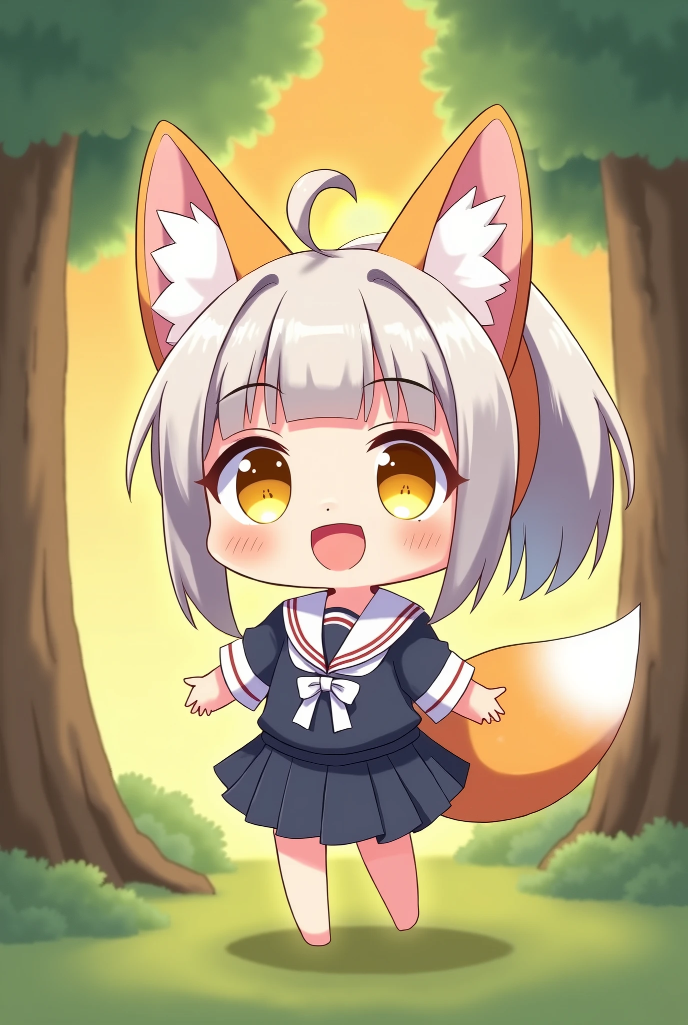 highres, , a fox, nenodroid, glad, laughing, standing, looking at viewer, ponytail, blunt cut, silver hair, golden eyes, big eyes, eyes open, fair skin, chibi, slim, mini skirt, school uniform, sailor uniform, ribbon, with fox ears, , japanese, white background, in the forest, with a sun, with a tree, kawaii, chibi anime, soft-edged, full body shot, from front, sunrise