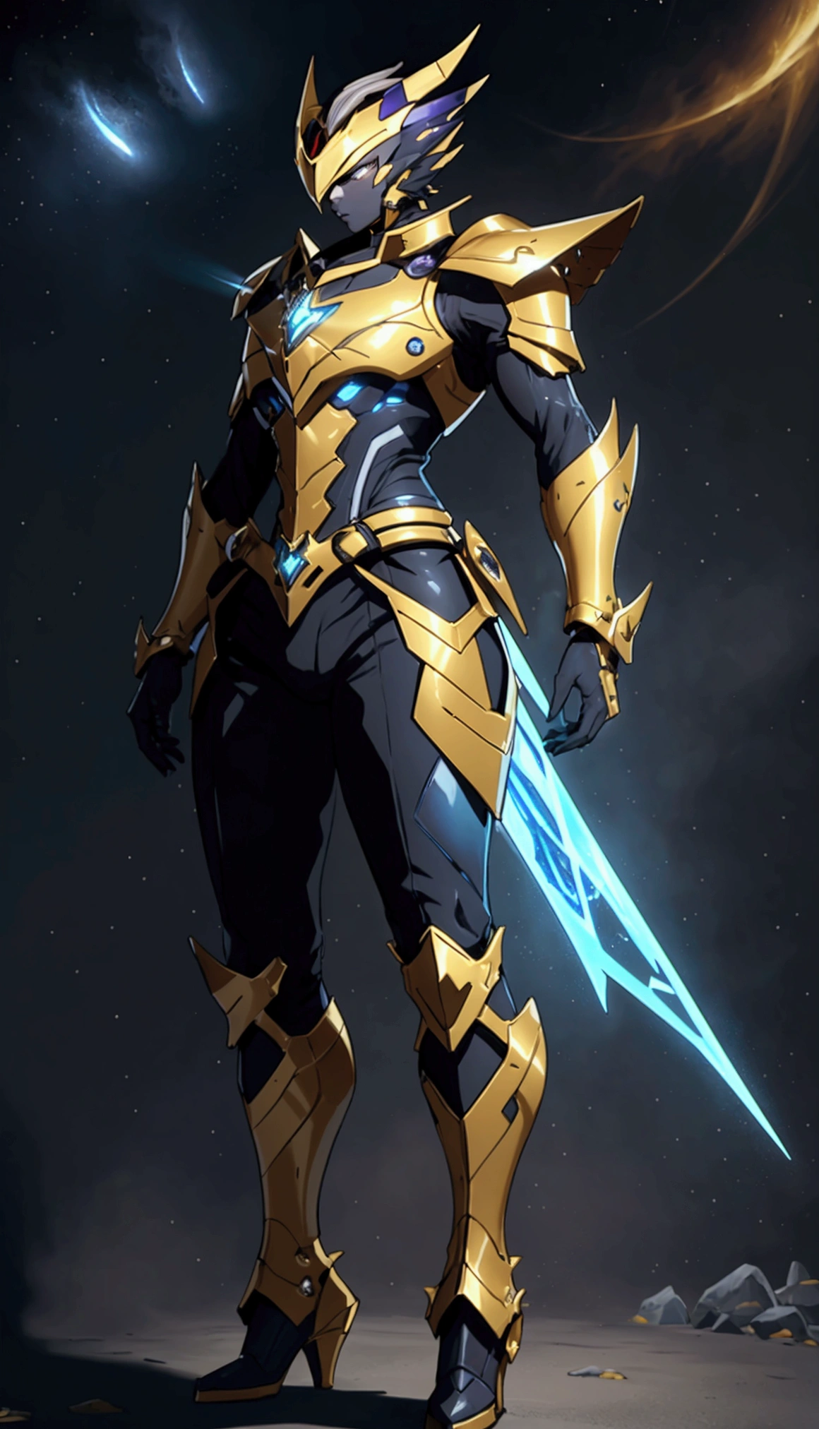 It's a man. The image presents a highly detailed and futuristic armor designed for a male warrior. The armor combines elements from different parts to create a cohesive and powerful look. Helmet: The helmet features a sleek, aerodynamic design with a golden metallic finish. It has a central crest that rises upwards, and the visor glows with a bright blue light, giving it a high-tech, futuristic appearance. Pauldrons (Shoulder Pads): The shoulder pads are designed to be close to the chest, with angular lines extending smoothly toward the shoulders. They have a polished golden finish and curve elegantly upward, creating a harmonious transition between the chest and shoulders, while providing a majestic and protective look. Chest Plate: The chest plate is intricately segmented, with a combination of gold and dark metallic blue. It has a gem-like crystal in the center that emits a soft, mystical glow. The design of the chest plate is both protective and regal, with sharp, angular lines that add to the overall futuristic aesthetic. Arm Guards: The arm guards are sleek and streamlined, with articulated golden and purple segments that offer flexibility and protection. The design of the gauntlets is both robust and elegant, incorporating futuristic elements that blend with the classic style. Leg Armor: The legs are armored with segmented plates that are primarily gold and purple. The boots are angular and sturdy, with a design that conveys both strength and agility. The overall look of the leg armor is grounded yet sleek, completing the ensemble with a powerful stance. The background of the image is a dark cosmic scene, filled with distant stars and nebulae that highlight the polished surfaces of the armor. Dynamic lighting is used to emphasize the key features, particularly the glowing visor and central chest gem, reinforcing the mystical and imposing nature of the warrior.