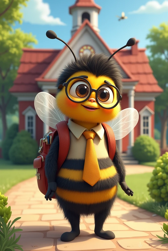 bee dressed as a student with glasses returning to school.