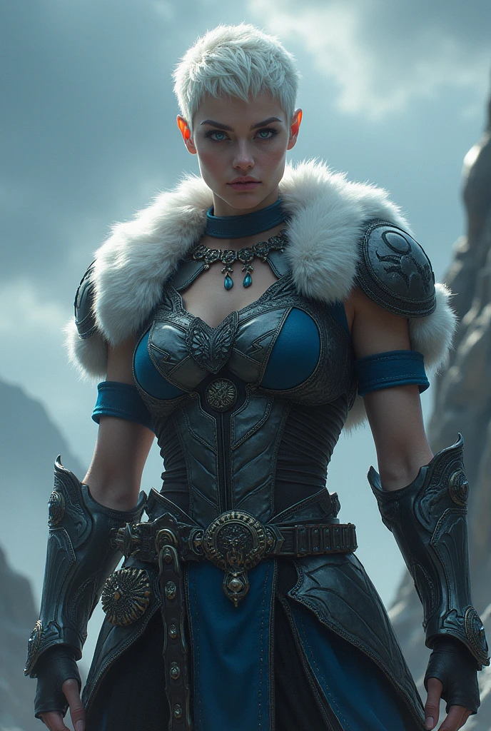 Valkyrie with great physique, indigo eyes, white hair in a pixie cut style, 