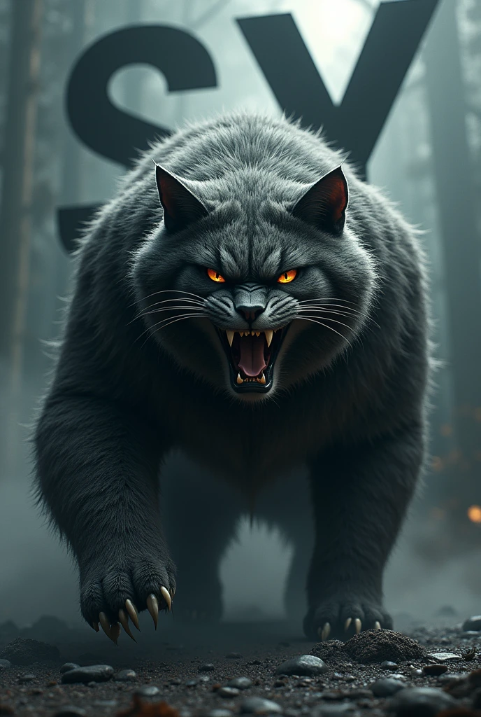 Draw a big bad cat scene, letters behind him that say SY with aggressive letters