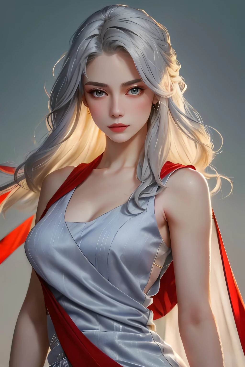 (oil, masterpiece, highest quality, Super detailed, Focus on the characters), Young woman, pale skin, ((a long gray hair)). ((a elegant red sleeveless dress)).  She has a serene expression. ((Looking straight ahead)), (front view), the background is a soft light blue gradient, giving the image an ethereal and calm feel, ((red dress)