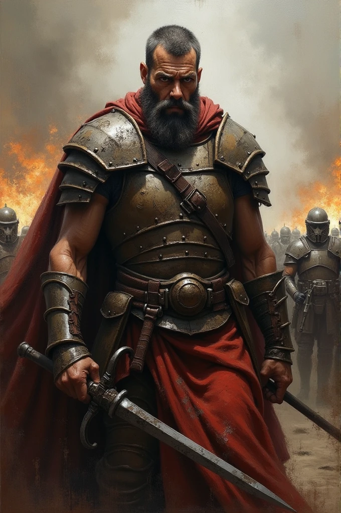 A rough oil paint of a man in a countless wars against 1