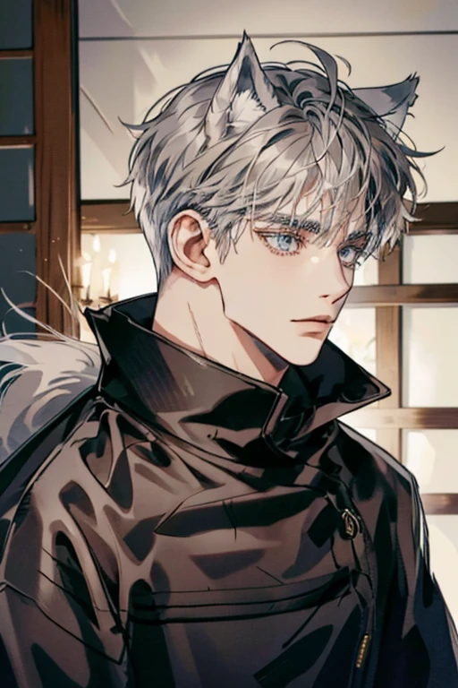 1male, sly, age 30 face, medium fully hair with bangs, grey hair, brown colored eyes, poor looking, black clothes, in a mansion, close up, wolf ears, wolf tail, baggy clothes