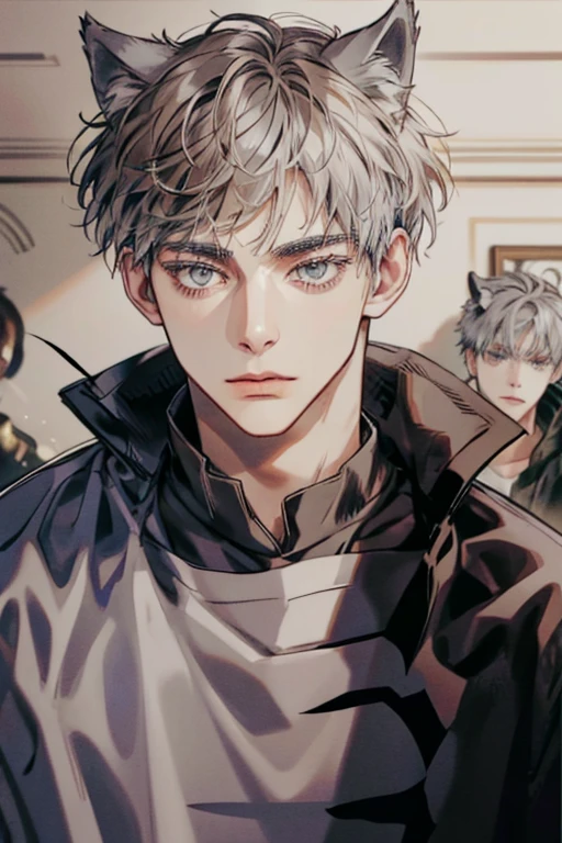 1male, sly, age 30 face, medium fully hair with bangs, grey hair, brown colored eyes, poor looking, black clothes, in a mansion, close up, wolf ears, wolf tail, baggy clothes