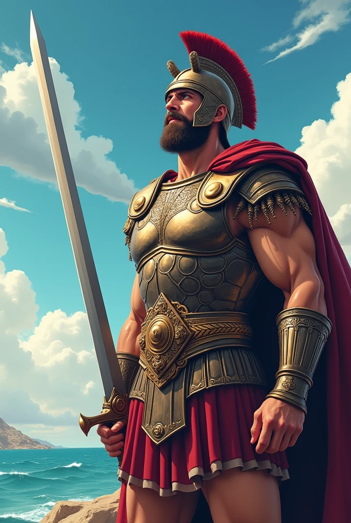 Agamemnon from Greek mythology, leading the army to the Trojan War, ((anime styling)), detailed mycenaean armor, maximum quality, wearing a Mycenaean helmet with small horns, using a sword and shield, pointed sword upwards, making a war cry, maximum quality, 4K,