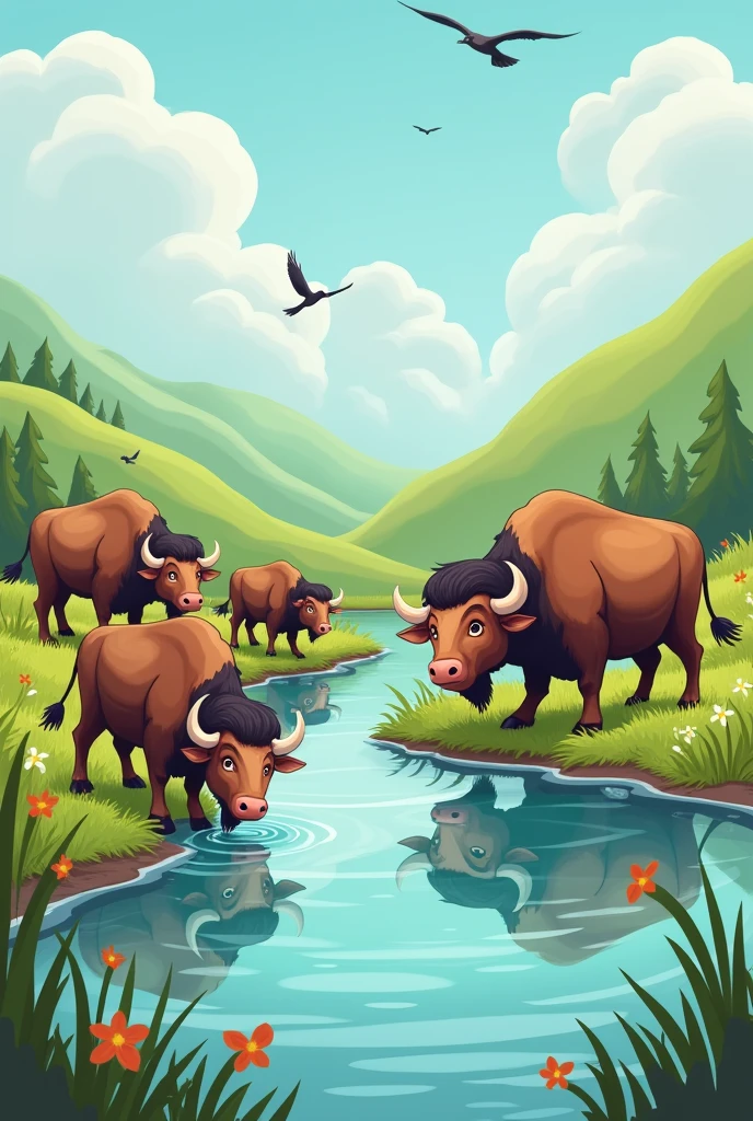 cartoon buffaloes, near the water