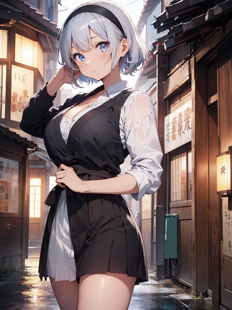 独奏, Female, sleeved, Japanese, アニメ, cake, silver hair, (short cut), high school girl, ((tareme)), [big eyes], black iris, light blue eye, tall, [[curvy]], japanese idol, large breasts, cleavage, ((masterpiece)), ((high resolution)), ((best quality)), (ultra-detailed), ((extremely detailed)), hairband、uniform
