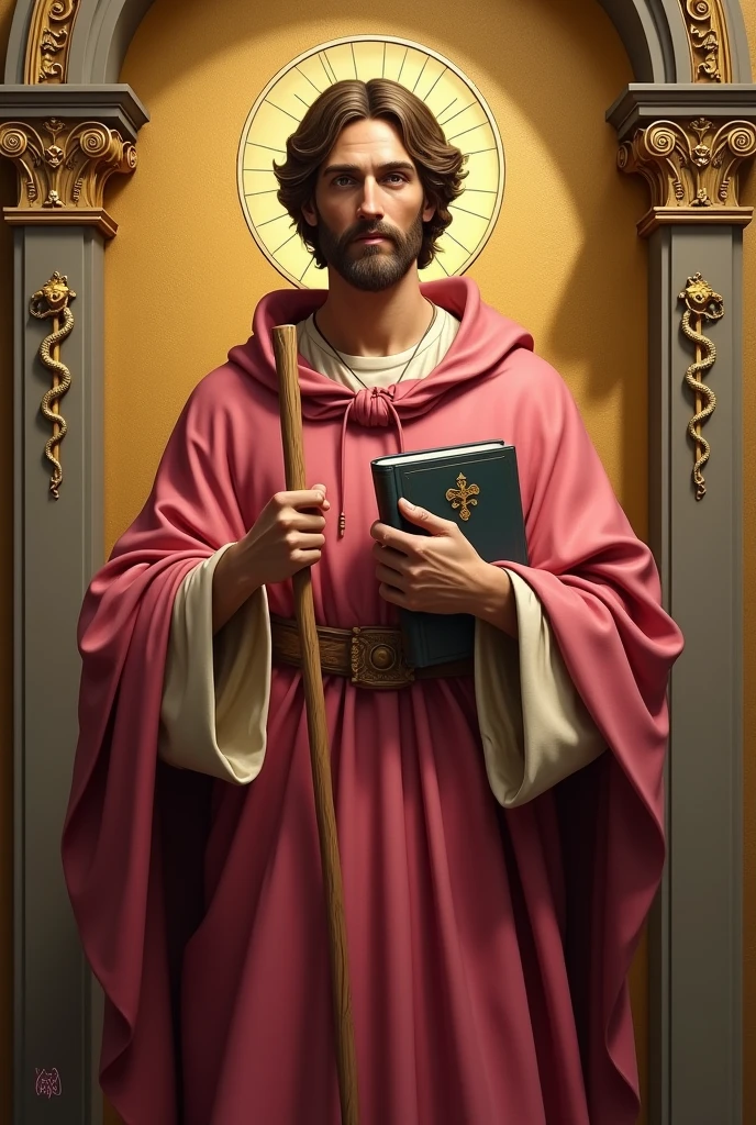 apostle saint matthew, patron of accounting, with pinkish red cloak, with your book, holding your staff, E no fundo, a golden wall with a caduceus symbol painted on the side.