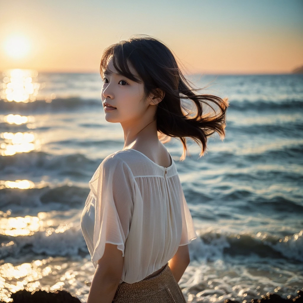 A hyper-realistic image of a single Japanese woman in her early 20s, captured with the intensified warmth and pronounced graininess of a classic film camera. She is standing by the seaside, with the soft, golden light of the setting sun casting a warm, almost tangible glow on her skin. Her skin has a natural, slightly rough texture that is highly realistic, showcasing visible pores, fine lines, and subtle imperfections like small blemishes, all of which contribute to the authenticity of her appearance. The film camera effect is more pronounced, with a noticeable grain that adds depth and a tactile quality to the image, making it feel almost as if you could reach out and touch the scene. The gentle breeze tousles her straight, glossy black hair as it frames her face, while her deep brown eyes, full of emotion, reflect the ambient light of the ocean. The background features the calm waves and a sandy shoreline, rendered with the soft focus and rich grain of the film effect, which enhances the nostalgic atmosphere of the scene. She is dressed in a light, flowing outfit that moves gently with the breeze, perfectly complementing the serene coastal setting. The overall composition is designed to evoke a deep sense of timeless beauty, with the enhanced film-like qualities and realistic skin texture capturing the imperfect, yet utterly lifelike, beauty of the moment.