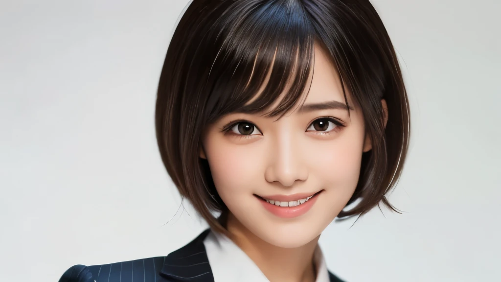 (Realistic: 1.4), (Highest quality: 1.4), (fine grain), ((White background)), ((Administrative job)), ((One Young Woman)), Black Hair, ((suit)), Big eyes, Blushed, ((smile)), Highly detailed face and skin texture, Healthy Skin, 8k resolution