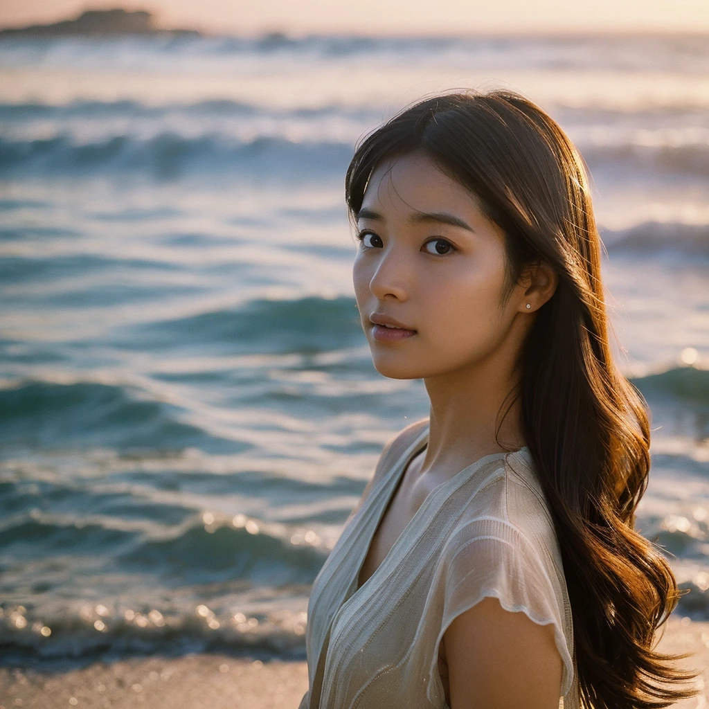 A hyper-realistic image of a single Japanese woman in her early 20s, captured with the intensified warmth and pronounced graininess of a classic film camera. She is standing by the seaside, with the soft, golden light of the setting sun casting a warm, almost tangible glow on her skin. Her skin has a natural, slightly rough texture that is highly realistic, showcasing visible pores, fine lines, and subtle imperfections like small blemishes, all of which contribute to the authenticity of her appearance. The film camera effect is more pronounced, with a noticeable grain that adds depth and a tactile quality to the image, making it feel almost as if you could reach out and touch the scene. The gentle breeze tousles her straight, glossy black hair as it frames her face, while her deep brown eyes, full of emotion, reflect the ambient light of the ocean. The background features the calm waves and a sandy shoreline, rendered with the soft focus and rich grain of the film effect, which enhances the nostalgic atmosphere of the scene. She is dressed in a light, flowing outfit that moves gently with the breeze, perfectly complementing the serene coastal setting. The overall composition is designed to evoke a deep sense of timeless beauty, with the enhanced film-like qualities and realistic skin texture capturing the imperfect, yet utterly lifelike, beauty of the moment.
