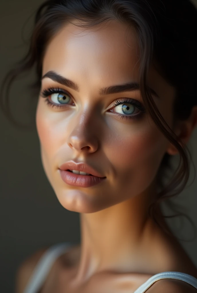 a beautiful, hot, italian women,wink,
seductive face blue eyes, ultrarealistic BLUE EYES,hyper detailed perfect eyes, photorealism, studio lighting, masterpiece, lange Wimpern, Elegante Pose, long bop , looking at the camera a bit from the side, close up of the eye region, looking to the side, eyes on camera , visible eye region 