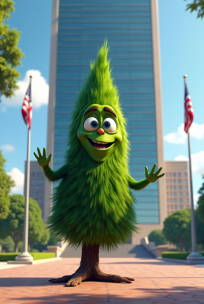 Create a Pixar-style image where there is a humanized pine tree standing in front of the United Nations headquarters