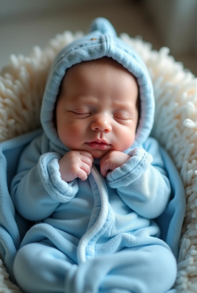 A  boy with a blue onesie 
