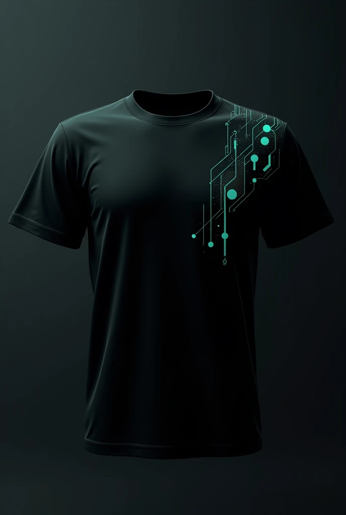 Black t-shirt design with light turquoise details related to systems


