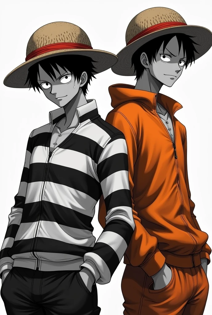Monkey D. Luffy in a black and white striped long-sleeved prison uniform and Monkey D. .... Luffy in orange long sleeve prison uniform Original anime One Piece