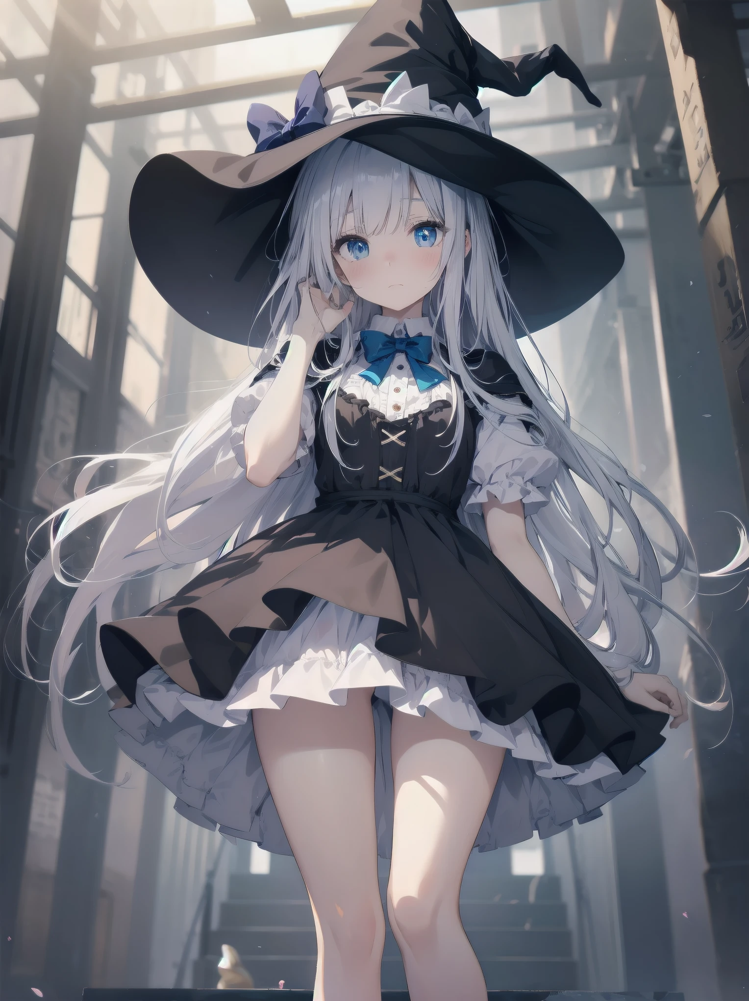 🎶, (🧙♀️), ✡, ✨(black hat), , Alice in Wonderland, Alone, very beautiful, cute, adorable, embarrassed, alone, blue eyes, white skin、look at viewer、looking up, kawaii tech, pastel colors, kawaii, cute colors, Alice in Wonderland, alone, very beautiful, cute, adorable, embarrassed, alone, blue eyes, white skin, skirt lift