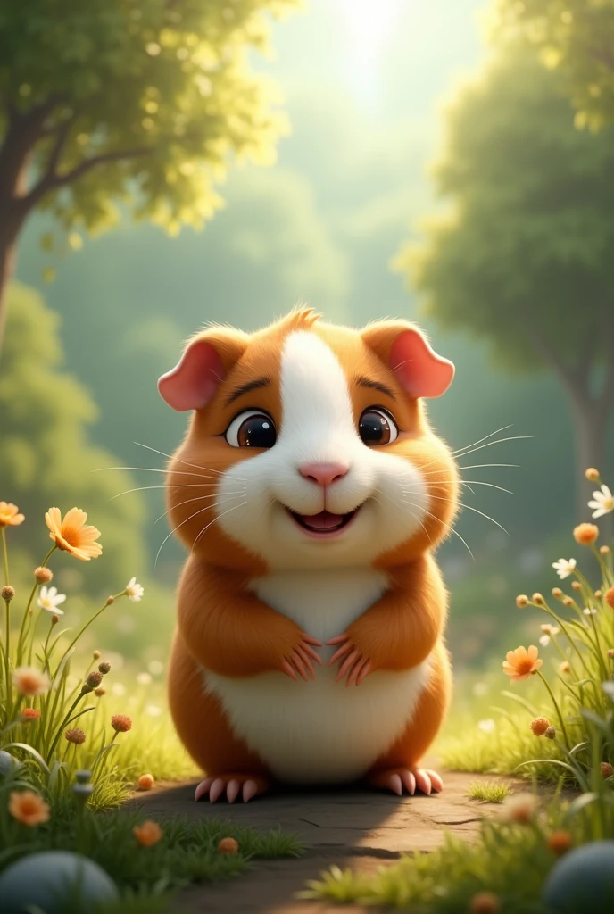 the brown and white guinea pig that participates in the film "G-FORCE" standing in a clearing smiling