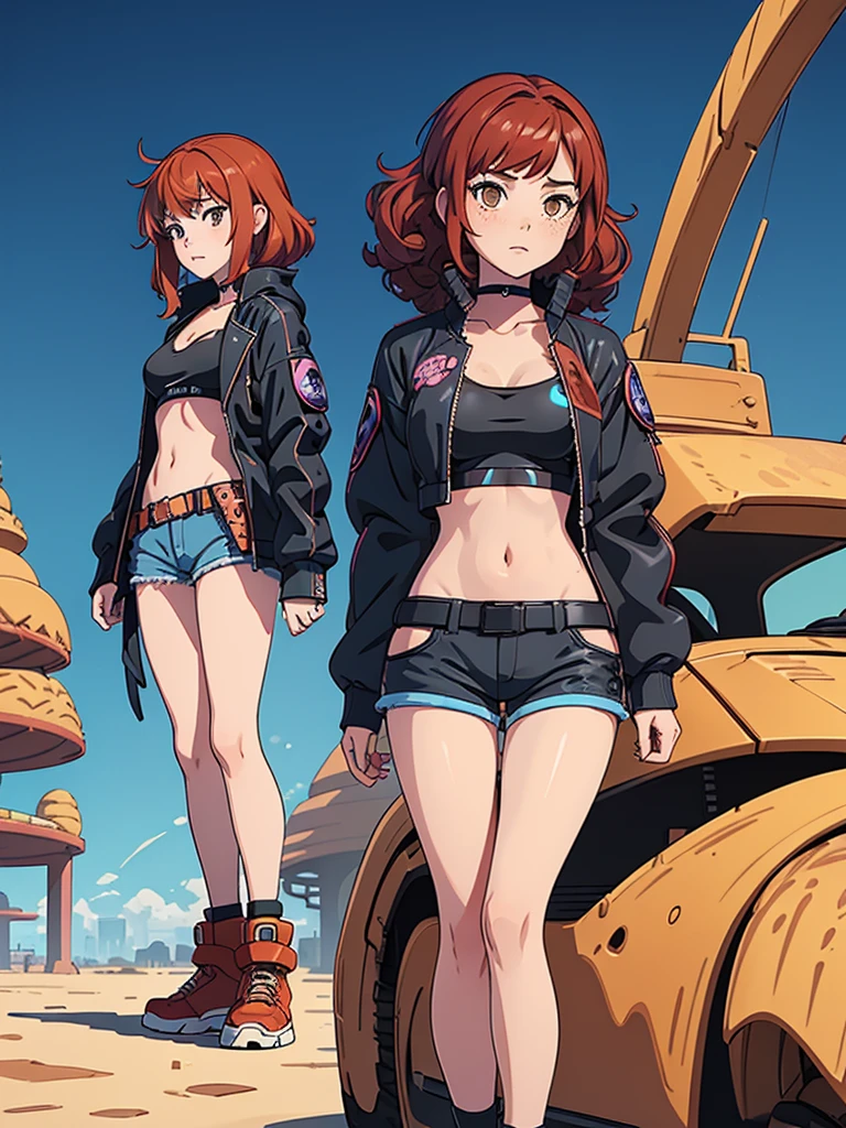 (masterpiece), (best quality), ((one girl)),alone, red hair,((brown eyes)),curly hair, anime style, freckles, (mall breast, (petite figure), blue and black cyberpunk jacket, shorts, legs, ((desert background))
