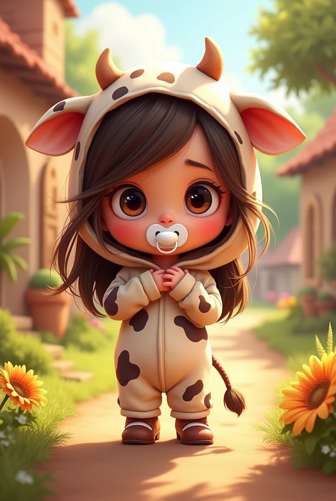DISNEY PIXAR COVER WITH DARK BROWN EYES LONG BROWN HAIR WITH WHITE PACIFIER DRESSED AS A COW WITH NAME OF ALEJANDRA