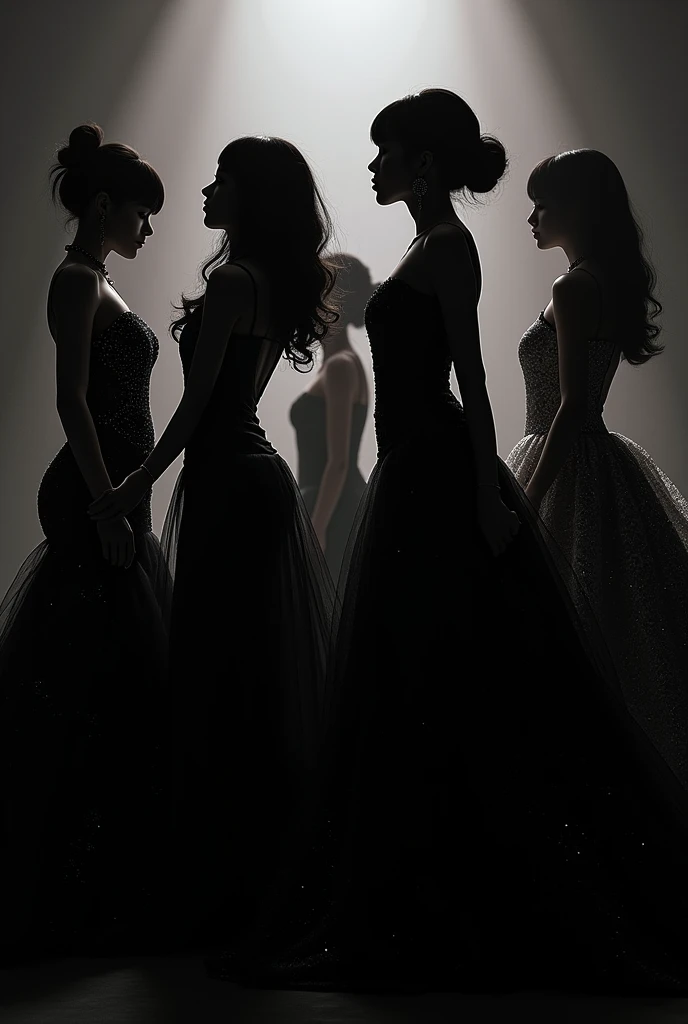 silhouette of 6 idol girls wearing fancy dresses