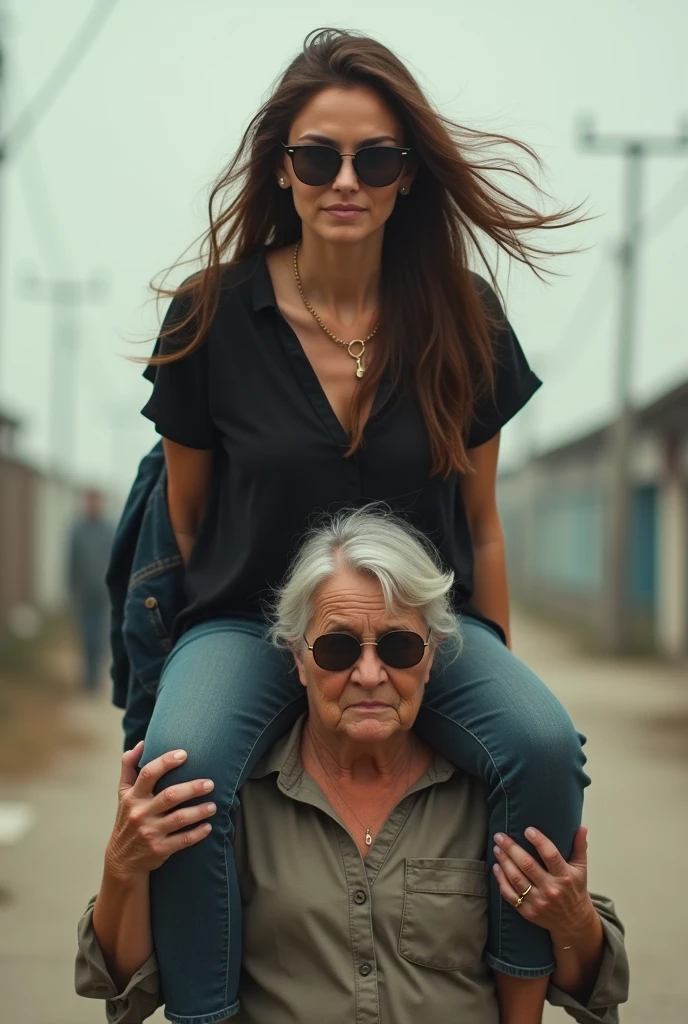 Create a photo of a 20 year old young woman, with a slender and beautiful body, wearing jeans and a long black blouse, with white and clear skin, with long brown hair and wearing sunglasses being carried on the shoulders of a 90 year old elderly lady, obese, with dark black skin and wearing a dress.