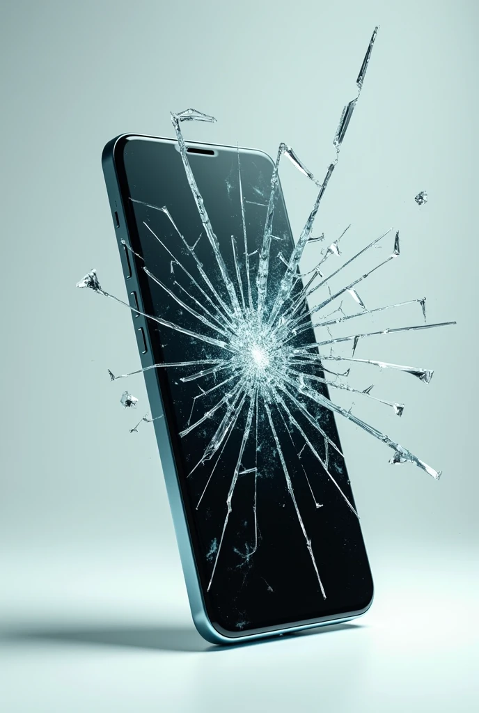 new tilted cell phone, with the screen breaking and shards of glass coming out