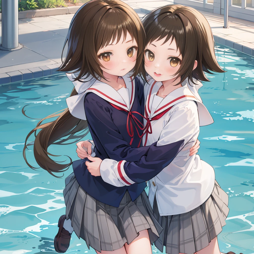 masterpiece, Highest quality, One Girl, Mashiro Mitsumine, (brown eyes:1.5), brown hair, Upper body, Pool、Water Play、seems to be happy、short hair, , Black-haired, Casual clothing, Frills,Top view、grey skirt, long sleeves, neck ribbon, red ribbon, ribbon, sailor collar, school uniform, skirt, white sailor collar, upskirt