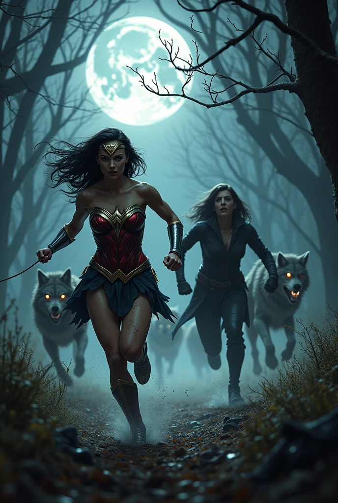 A terrifying image of two women: Wonder woman running in a dark forest, Behind her comes BlackWidow, a Marvel character from Avengers, also running., werewolves are stalking them, horror inside, horror scene, full moon.