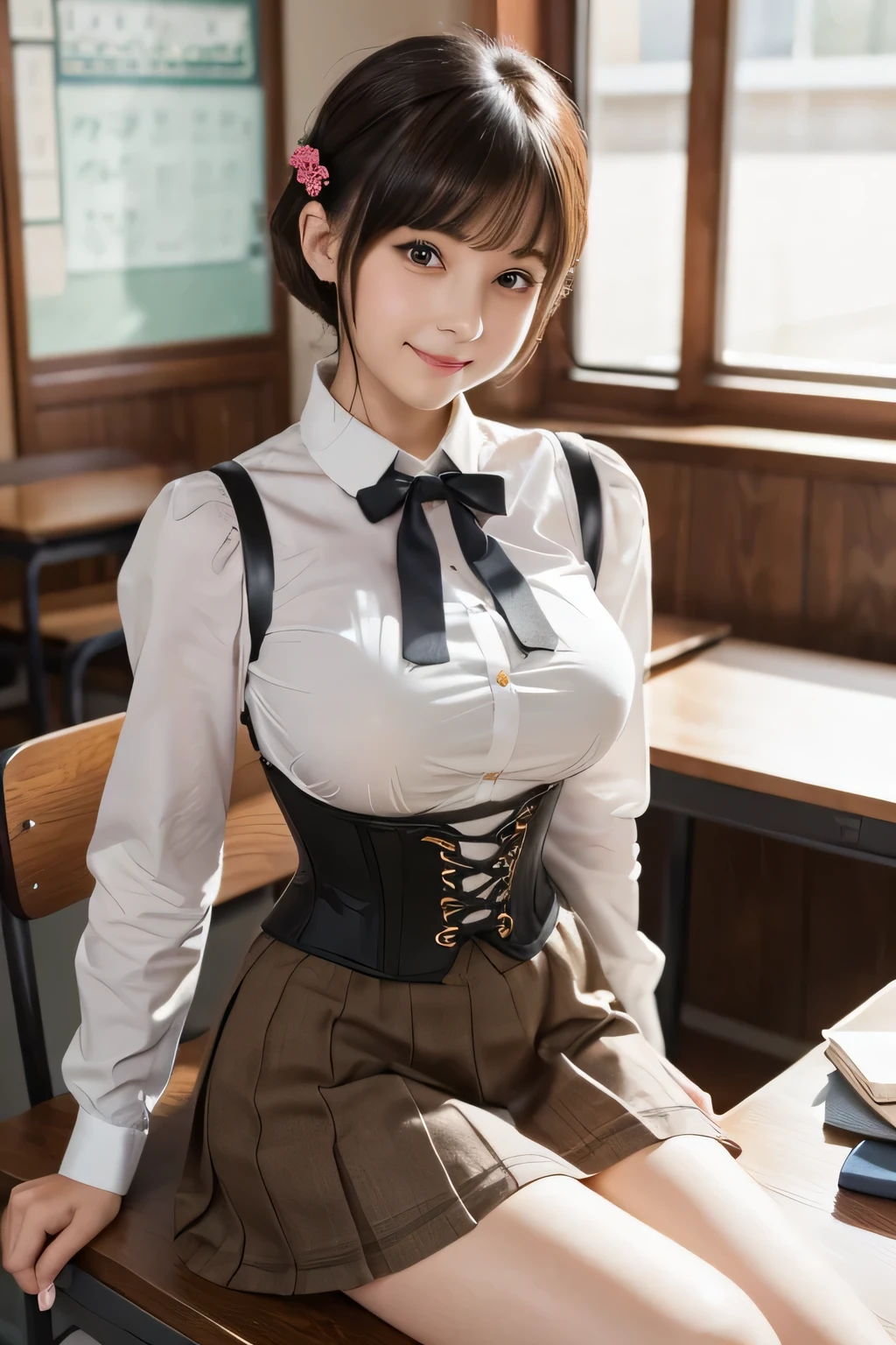 High school girls、Her haircut is a pixie haircut. Her hair looks like Amara Tenou. Her hair looks like Audrey Hepburn. Too big breasts、Breasts 20cm in diameter and 40cm in length、Oversized breasts that reach the navel、She wears a school uniform designed like a dirndl、Red ribbon at neck、White shirt、Brown Dirndl、Too beautiful girl、whole body、smile、Visible from head to toe、Dark brown uniform、Cosplay photos showing the whole body、She brags about the clothes she wears、Japanese idol girl with big boobs、School classrooms. She is lying on a desk in the classroom. There's a corset-like thing attached to his waist. The corset is also brown. Corset is made of cloth. She wears sock garters on both legs. The color of the sock garters is black. Her shoes are leather loafers. The color of the shoes is brown.