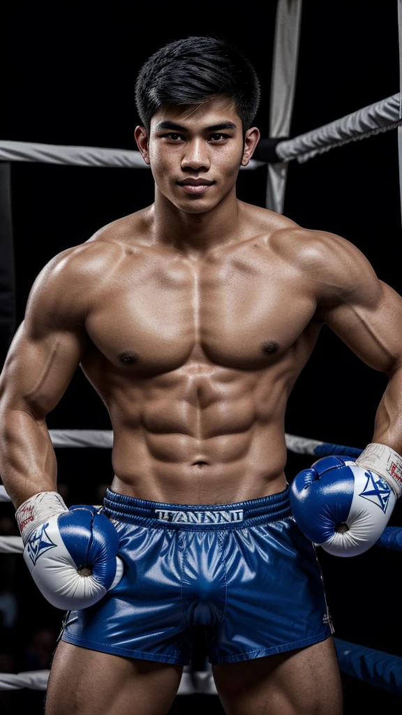 high resolution, Realistic photo of a handsome, strong-looking Thai male ager with a well-proportioned six-pack and fine tanned skin, wearing blue underwear and blue boxing gloves, leaning against the boxing ring ropes.