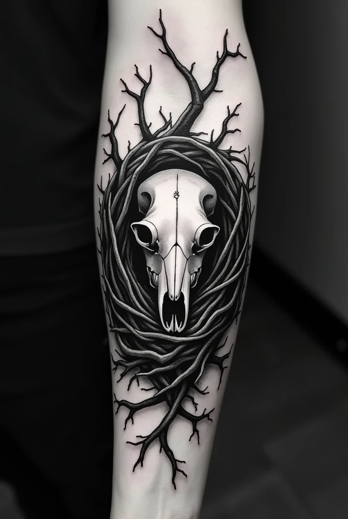 Dog skull tattoo in a nest of dry branches, all in black and white that covers almost the entire forearm