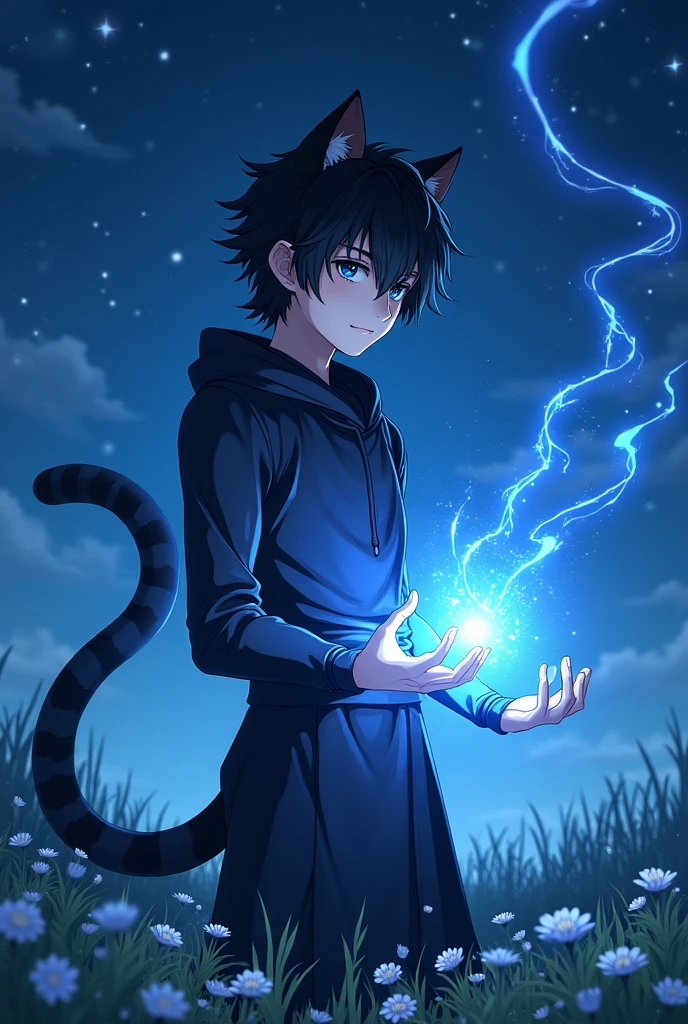 Boy between 14 and with semi-long black hair, with black leopard ears and tail, with male personality controlling dark blue glowing rays in starry night meadow in anime style