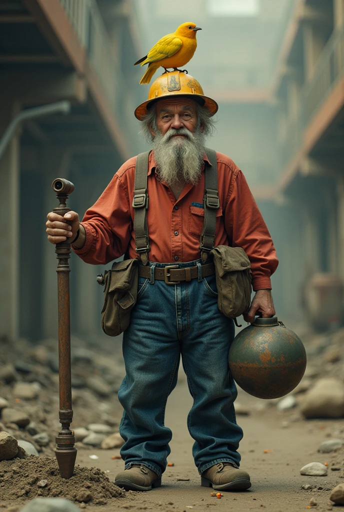 An old man in a construction helmet with a red blouse is caused by jeans holding a bomb with a yellow canary on his head holding a bomb