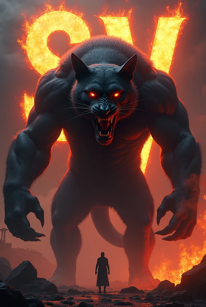 Draw a big bad cat scene, letters behind him that say SY in the form of fire