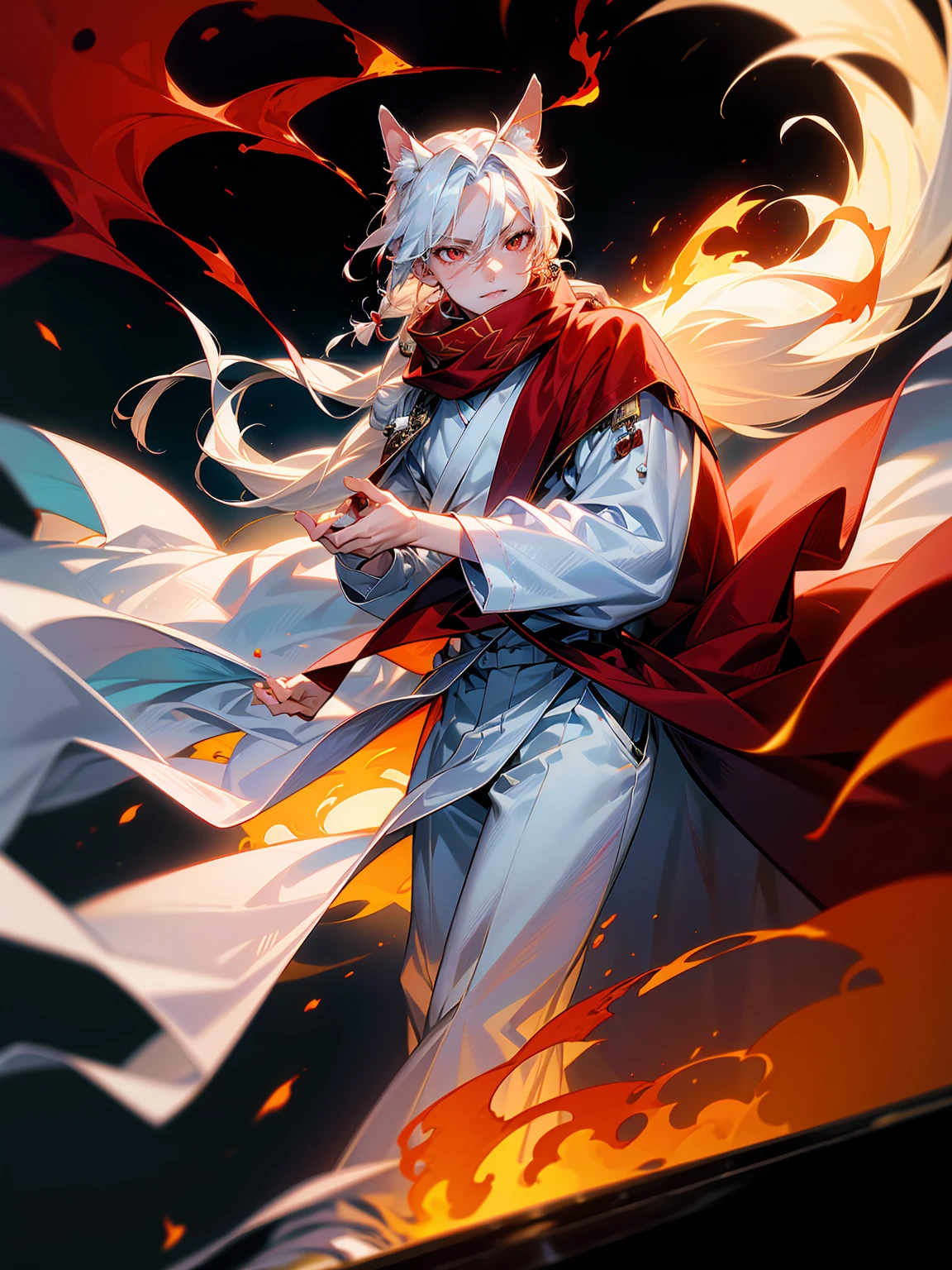 1male, Adult, Long White Hair, White Baggy Long Sleeve Shirt, Baggy Black Pants, Red Eyes, Red Scarf, Earring, Masculine, Dog Ears, Surrounded By Flames, Single Hair Braid