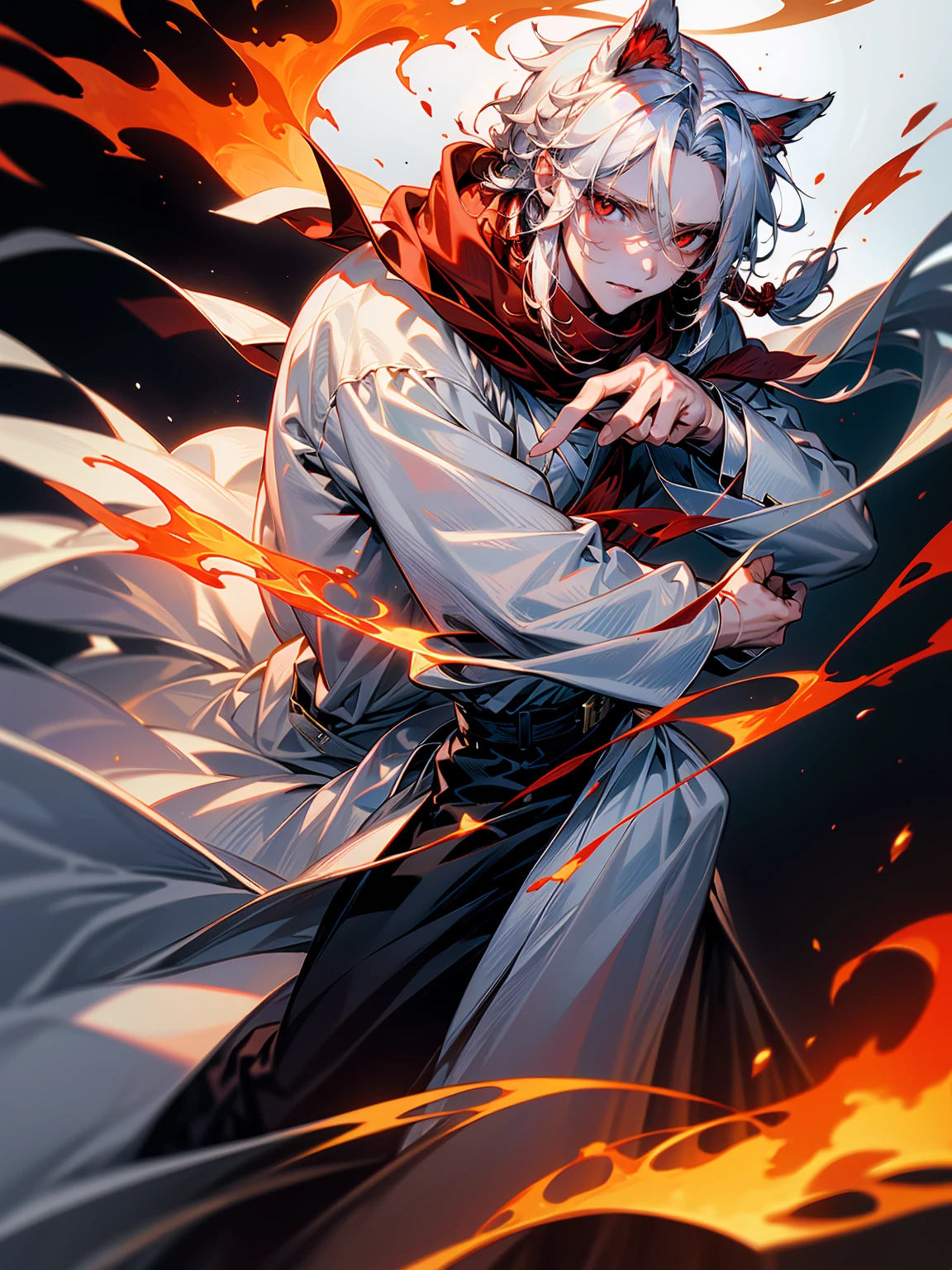 1male, Adult, Long White Hair, White Baggy Long Sleeve Shirt, Baggy Black Pants, Red Eyes, Red Scarf, Earring, Masculine, Dog Ears, Surrounded By Flames, Single Hair Braid