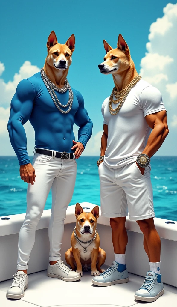 An admirable picture of a muscular human dog standing confidently on a boat.   The dog on the left is wearing a blue long-sleeved shirt with silver chains and white pants, while the dog on the right is wearing a white shirt with gold leash and shorts.  White.   Both dogs have stylish sneakers and are equipped with eye-catching jewelry.   In the background, calm blue water and clear skies create a vibrant background, with smaller dogs sitting curiously at their feet.