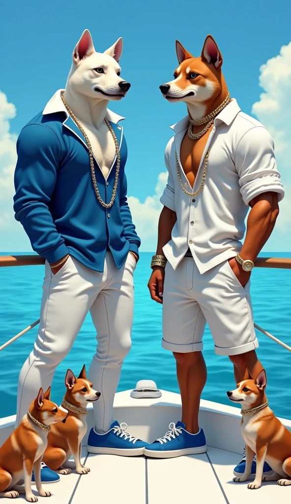An admirable picture of a muscular human dog standing confidently on a boat. The dog on the left is wearing a blue long-sleeved shirt with silver chains and white pants, while the dog on the right is wearing a white shirt with gold leash and shorts. White. Both dogs have stylish sneakers and are equipped with eye-catching jewelry. In the background, calm blue water and clear skies create a vibrant background, with smaller dogs sitting curiously at their feet.