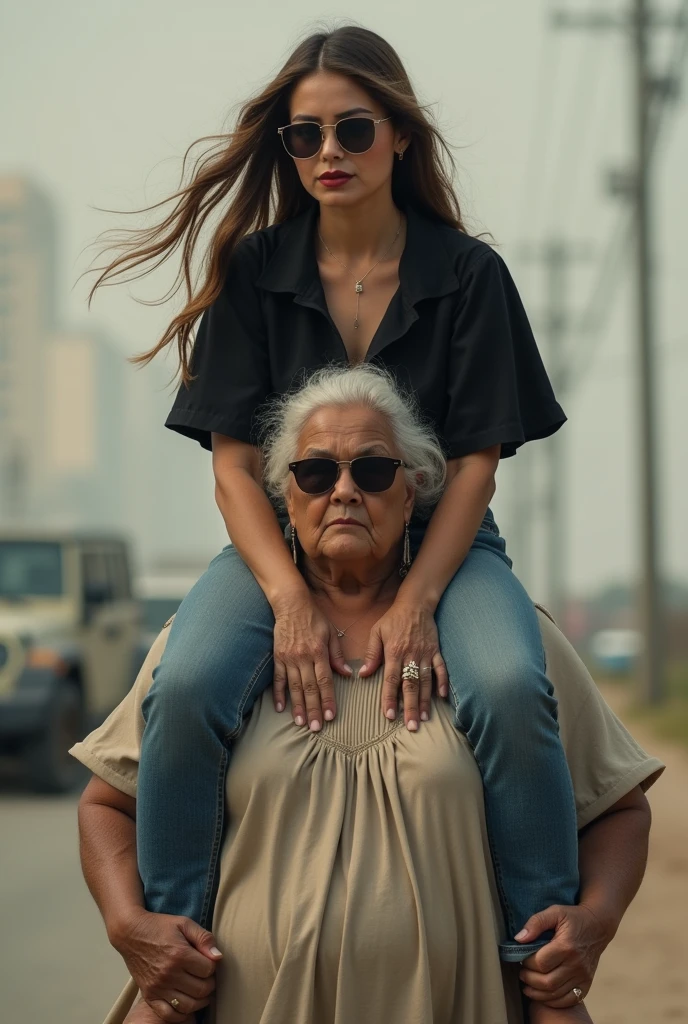 Create a photo of a 20 year old young woman, with a slender and beautiful body, wearing jeans and a long black blouse, with white and clear skin, with long brown hair and wearing sunglasses being carried on the shoulders of a 90 year old elderly lady, obese, with dark black skin and wearing a dress.