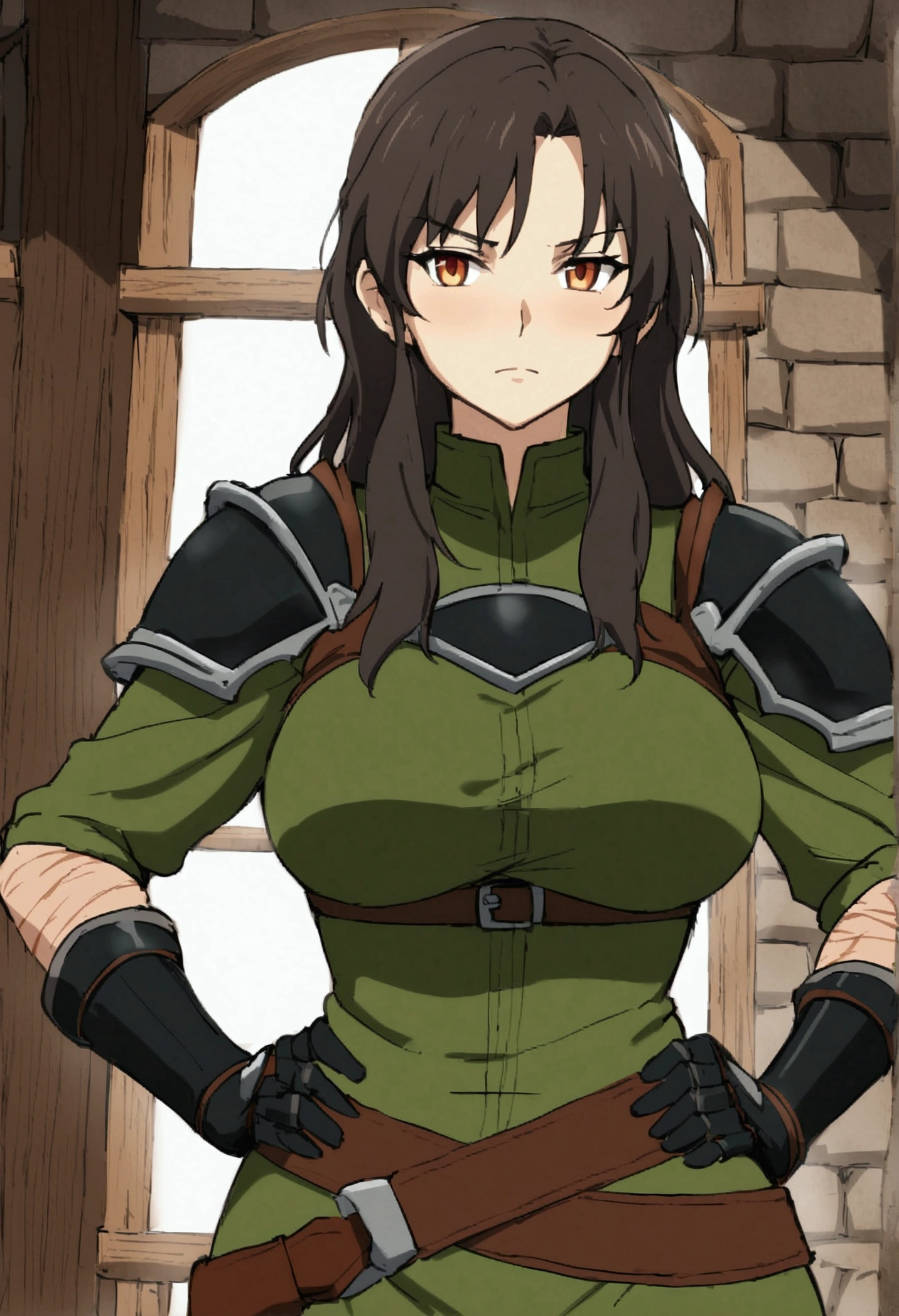 {{upper body, dutch angle}} {{Artist: sincos}} 1girl, mature female, female adventurer, dark brown hair, shoulder length hair, amber eyes, moss green shirt, yellow trimming, boob window, leather shoulder armor, armored gloves, brown belt, indoors, tavern, standing, hands on , muscular, scars on arms, exposed , hip windows, scars on , timid, pov, medieval fantasy.
